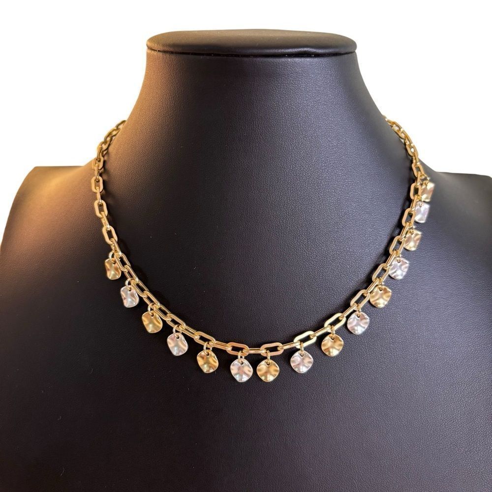 Two-Tone Hammered Charm Chain Necklace.